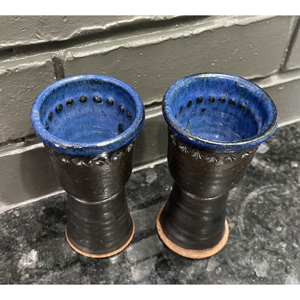 Handmade Studio Pottery Goblets Pair Gunmetal Cobalt Blue Stoneware Chalice 4oz - Picture 2 of 16